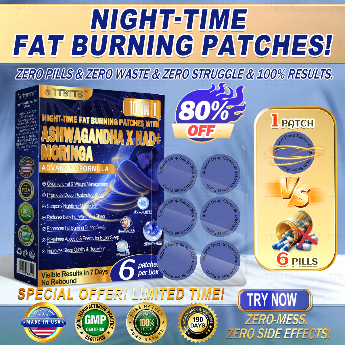 NIGHT-TIME FAT BURNING PATCHES has a surprise upgrade just for you! You've already got an amazing offer but now you've unlocked an even better one:You'll get a massive 50% off your next purchase - for the next two minutes only!